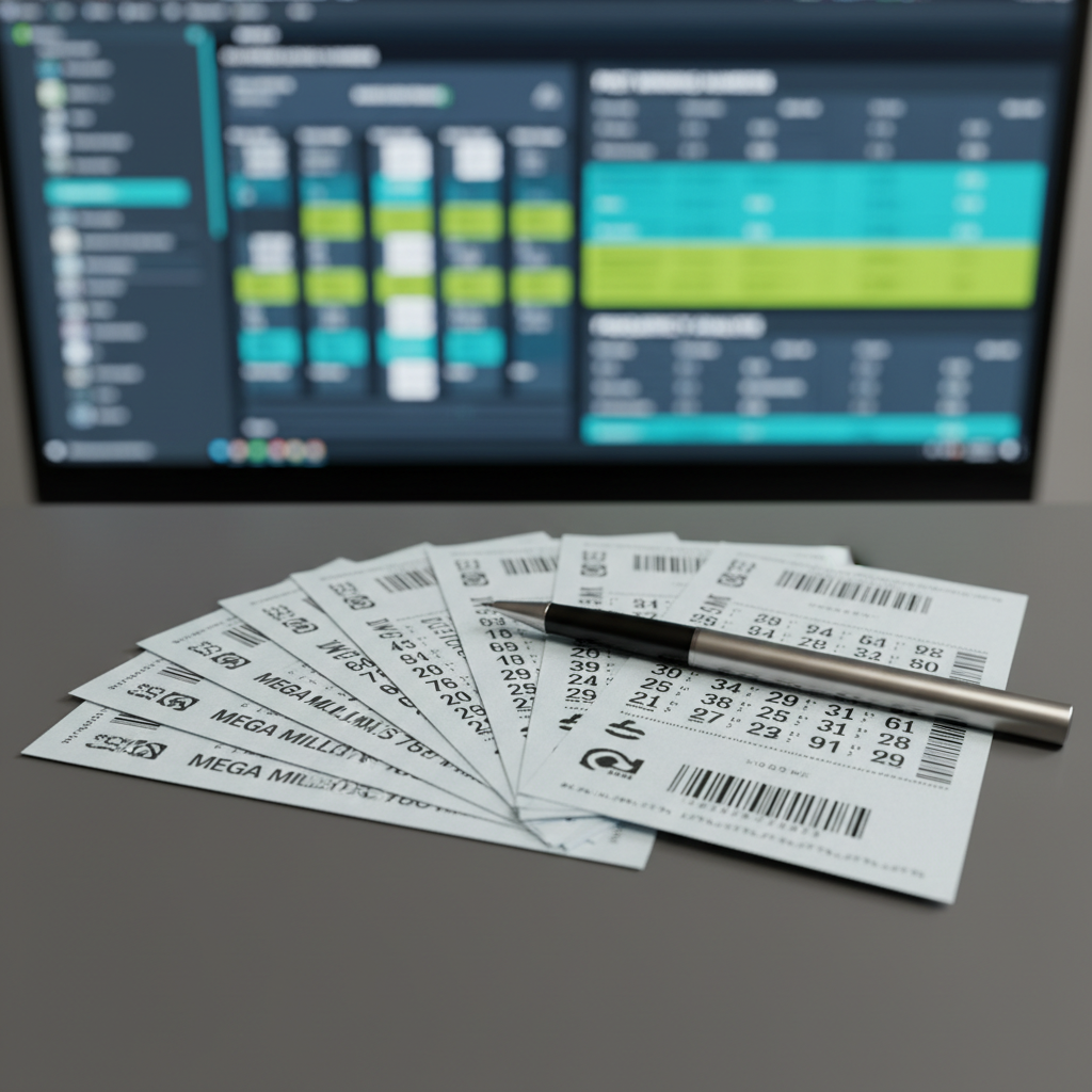 An ultra-sharp close-up of a stack of modern lottery tickets laid out in a fan on a smooth charcoal-gray desk surface, each ticket clearly showing rows of printed numbers and barcode details. A brushed metal pen rests diagonally across the top ticket, hinting at careful number selection. A softly glowing computer monitor in the blurred background displays a grid of past winning numbers and charts in cool blues and greens. Neutral, diffused overhead lighting eliminates harsh shadows, emphasizing the crisp paper texture and ink detail. Photographed from a slightly elevated angle with shallow depth of field, the scene feels analytical, organized, and professional, perfectly suited for an AI-assisted lottery research and numbers site.